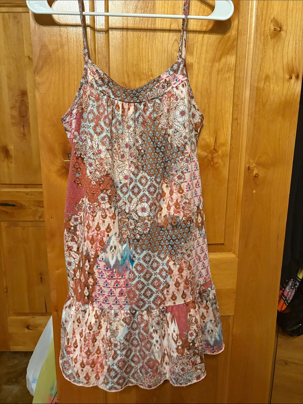 Boho Patchwork Print Spaghetti-Strap Dress - Pink & Brown